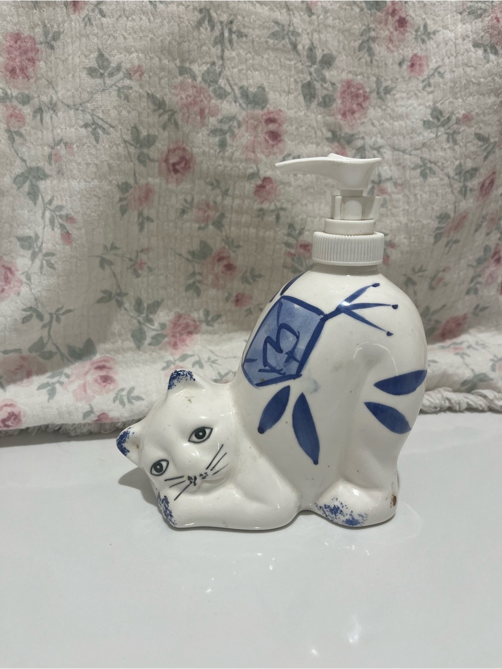 Cat Soap Dispenser with Blue Floral Accents